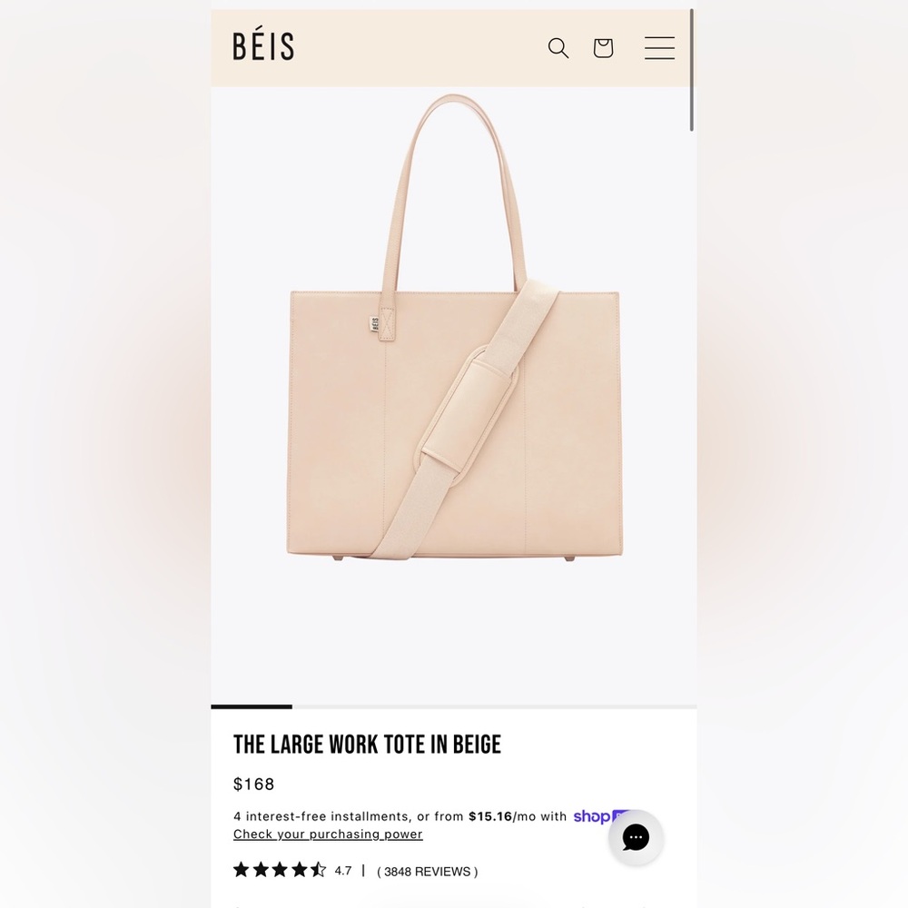 BEIS Pale Blush Beige Leather Large Work Tote with Detachable Strap